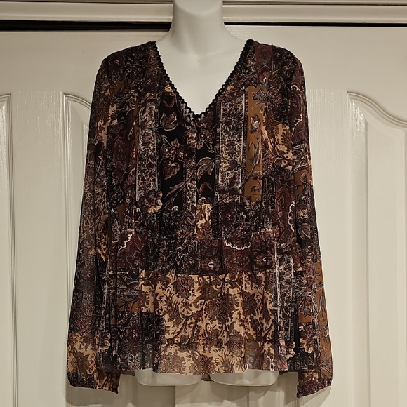 Desigual Katrina Boho Brown Flared Long Sleeve V-Neck Tee NWT - Picture 1 of 13